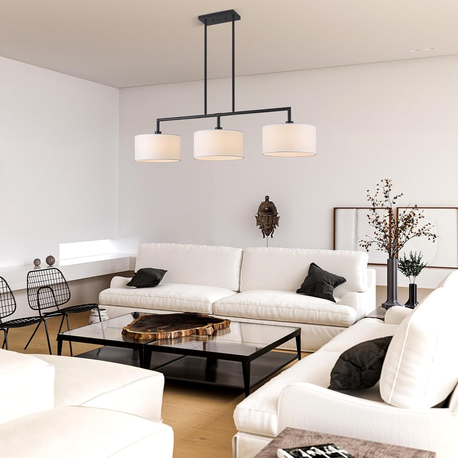 47 W Modern Linear Kitchen Island Pendant Light Fixture 3-Light White Linen Drum Shade Chandelier Black Metal Linear Chandeliers for Dining Room Farmhouse Hanging Light for Living Room, Bar, E26